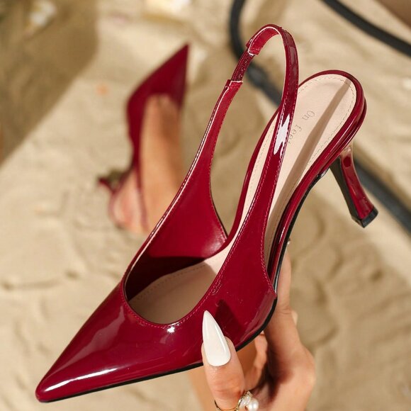 burgundy Elegant Women's Backstrap Pointed Toe Stiletto Heels Pumps - Picture 2 of 5